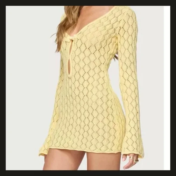 Edikted Brie Yellow Crochet Cut-Out Mini Dress XS NWT Festival Beach Cover Up - Picture 2 of 12